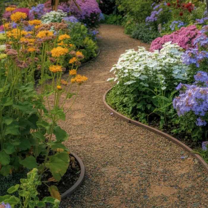 Allée en gravier dans un jardin fleuri